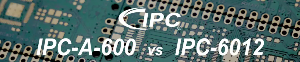 Infographic comparing IPC Standards: IPC-6012 for performance, IPC-A-600 for bare PCB, and IPC-A-610 for assembled board.