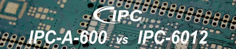 Infographic comparing IPC Standards: IPC-6012 for performance, IPC-A-600 for bare PCB, and IPC-A-610 for assembled board.