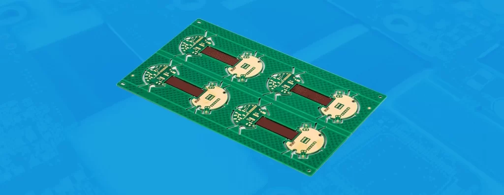 Rigid-flex PCB showing flexible circuit section connected to rigid board layers