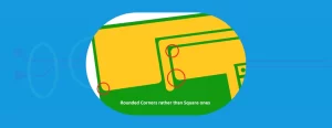 Diagram comparing good and bad PCB trace corner design, showing 45-degree angles vs. 90-degree angles and mitred bend calculations