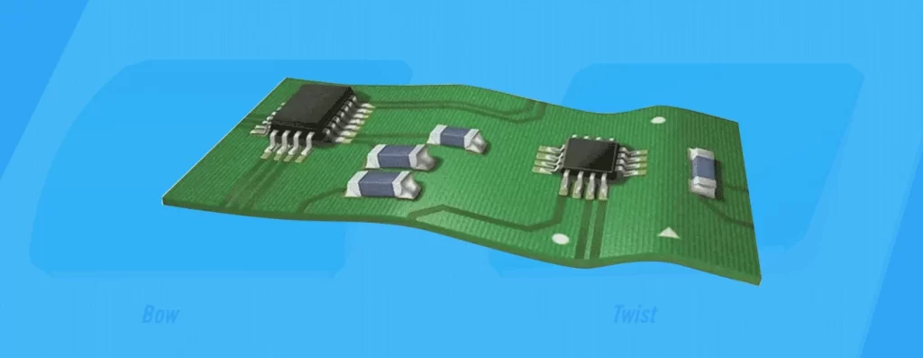 PCB board showing bow and twist deformation, a common manufacturing defect affecting flatness.