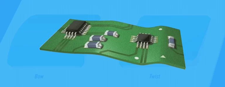 PCB board showing bow and twist deformation, a common manufacturing defect affecting flatness.