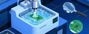 Close-up of a printed circuit board (PCBA) undergoing ultrasonic cleaning in a tank, showing bubbles removing flux residue, illustrating the guide to benefits and best practices.