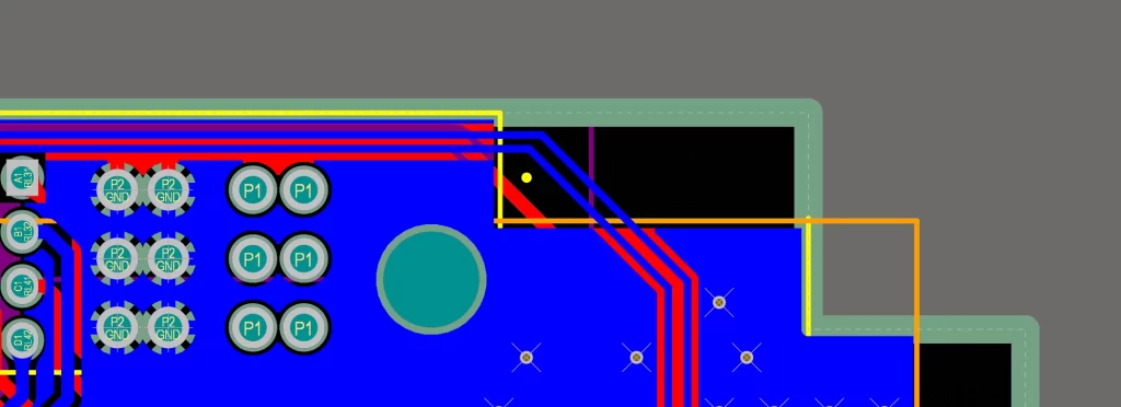 Top-view layout diagram of a relay module PCB, highlighting critical design areas: high-current trace routing, isolation gaps, relay coil driver circuit placement, and suppression components for EMI reduction.