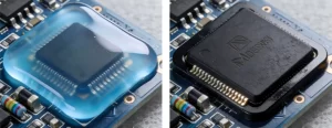Diagram comparing conformal coating vs. potting (encapsulation) for PCB protection in electronics manufacturing.
