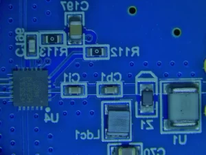 IPC-A-610 Class 3 high-reliability PCB assembly under microscope inspection verifying solder joint wetting, fillet geometry, and void-free BGA attachment for aerospace application
