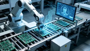 AI-powered robotic arm assembling PCB in electronics manufacturing services facility