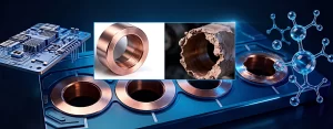 Cross-section of PCB through-hole showing electroless copper deposition layer uniformity, hole wall quality with complete coverage, and typical defects: voids (lack of copper), micro-cracks, and rough nodules. EMS plating chemistry control for reliable interconnects.