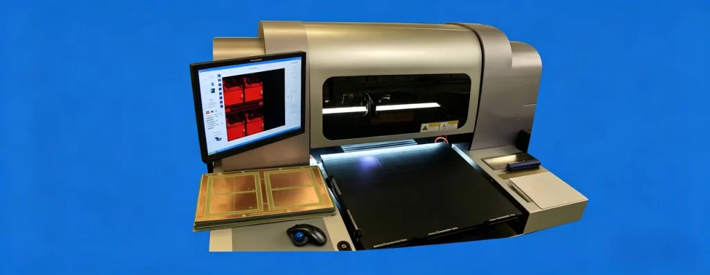AOI machine scanning PCB for automated optical inspection in electronics manufacturing
