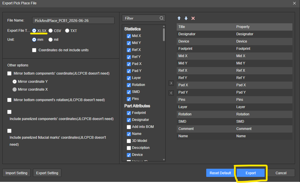 Exporting Pick and place files