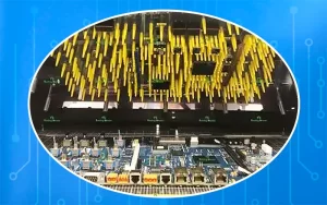 Bed of nails in-circuit testing ICT machine inspecting assembled PCBA for PCB quality defects