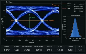 Eye diagram analysis interface showing jitter, eye height, eye width, and voltage distribution