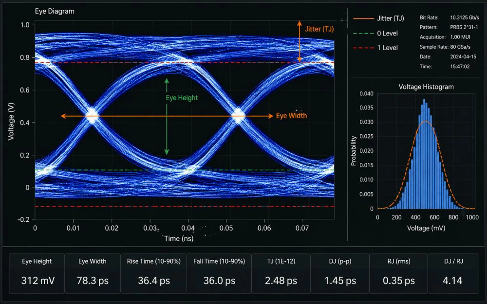 Eye diagram analysis interface showing jitter, eye height, eye width, and voltage distribution