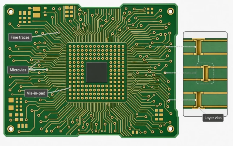 HDI PCB with fine traces, microvias, and via-in-pad design