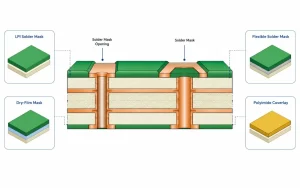 PCB solder mask materials shown in a cross-section with LPI, dry-film, flexible solder mask, and polyimide coverlay.