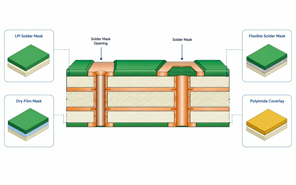 PCB solder mask materials shown in a cross-section with LPI, dry-film, flexible solder mask, and polyimide coverlay.