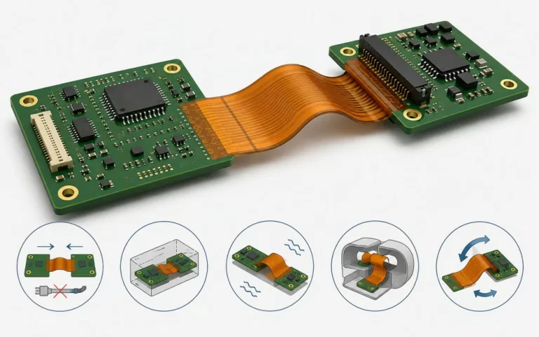 Rigid-flex PCB connecting two circuit boards with a flexible section