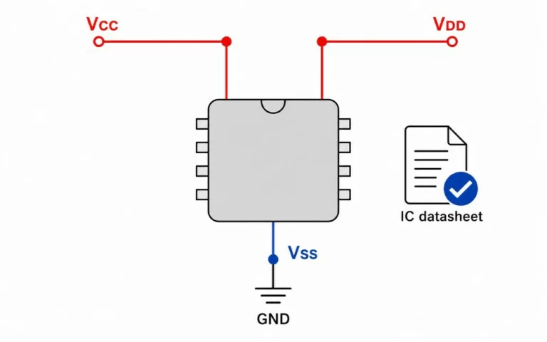IC power pins labeled VCC, VDD, and VSS with datasheet verification
