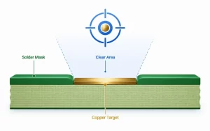 PCB fiducial cross-section showing copper target, solder mask, and clear area