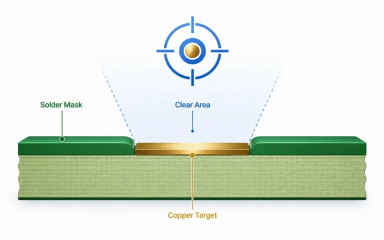 PCB fiducial cross-section showing copper target, solder mask, and clear area