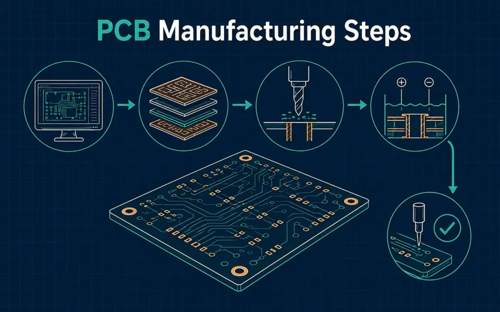 PCB manufacturing steps from CAM preparation through drilling, plating, finishing, and final inspection