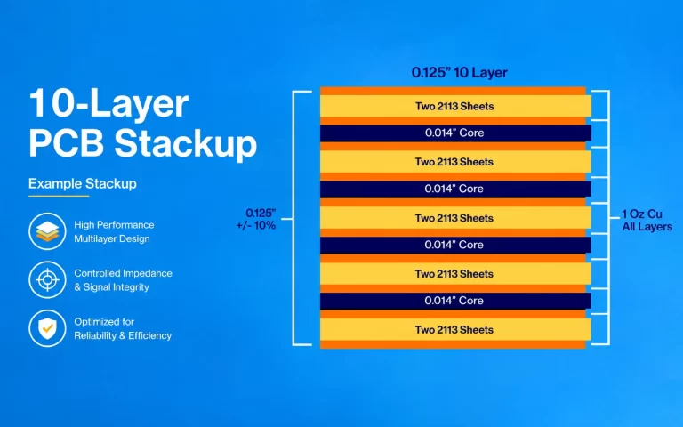 10-layer PCB stackup showing core, prepreg, copper layers, and manufacturing dimensions