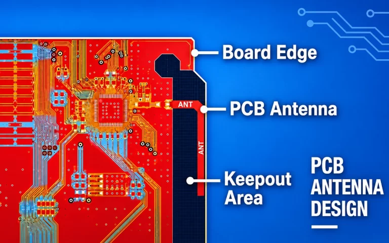 PCB antenna design showing antenna trace, board edge, and keepout area