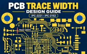 PCB trace width measurement illustrated on a PCB layout according to IPC-2221 and IPC-2152 design guidelines.