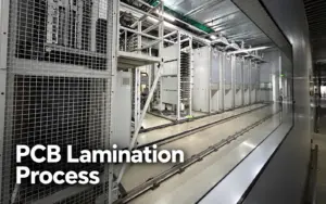 PCB lamination production line with a blue circuit-pattern background and the title “PCB Lamination Process.”