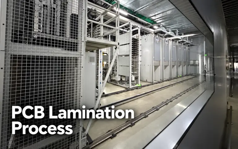 PCB lamination production line with a blue circuit-pattern background and the title “PCB Lamination Process.”