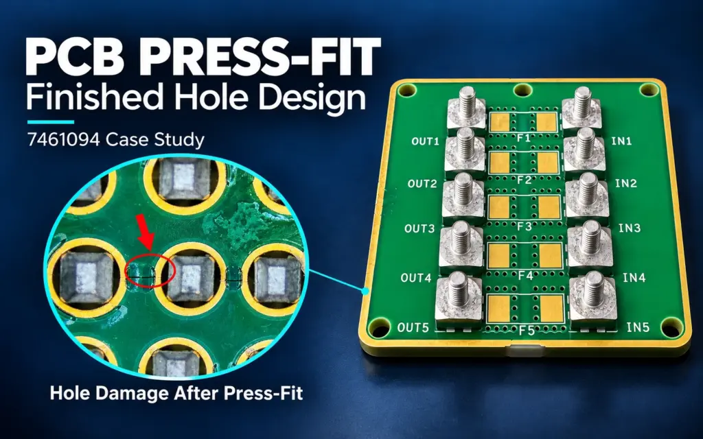 PCB with Würth Elektronik 7461094 press-fit terminals and a magnified inset showing damage around the press-fit holes.