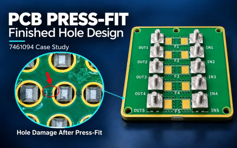 PCB with Würth Elektronik 7461094 press-fit terminals and a magnified inset showing damage around the press-fit holes.