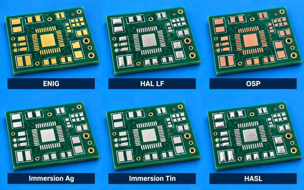 PCB surface finish comparison showing ENIG, HAL LF (lead-free HASL), OSP, immersion silver, immersion tin, and HASL.