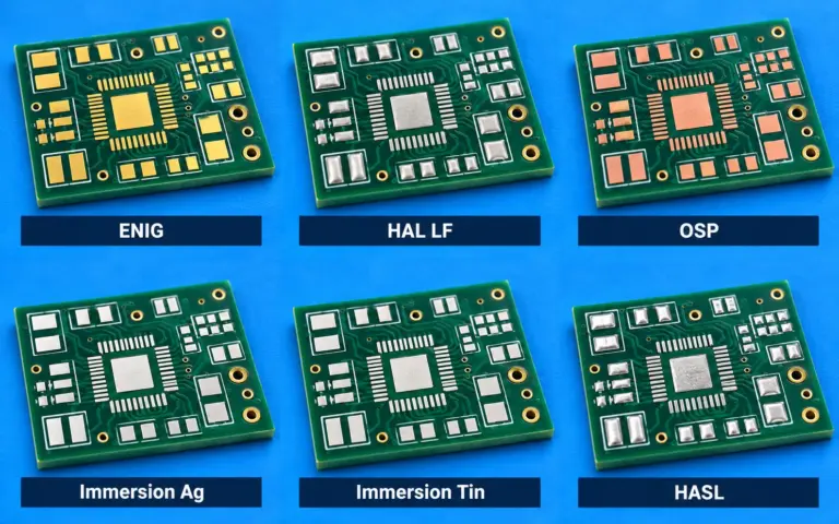 PCB surface finish comparison showing ENIG, HAL LF (lead-free HASL), OSP, immersion silver, immersion tin, and HASL.