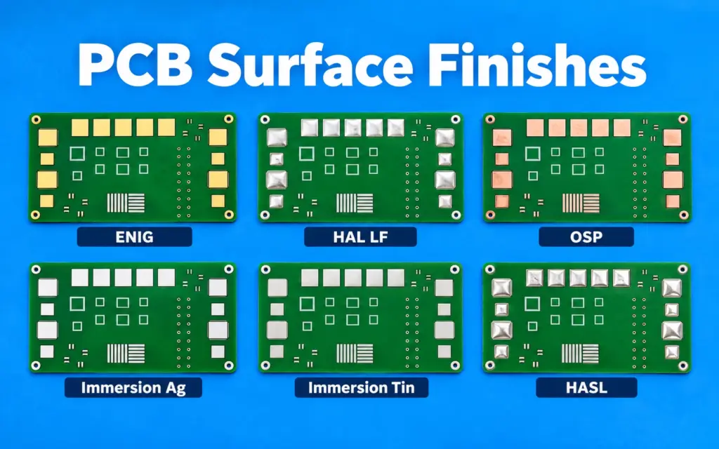 Illustration comparing six PCB surface finishes: ENIG, HAL LF (lead-free HASL), OSP, immersion silver, immersion tin, and HASL.