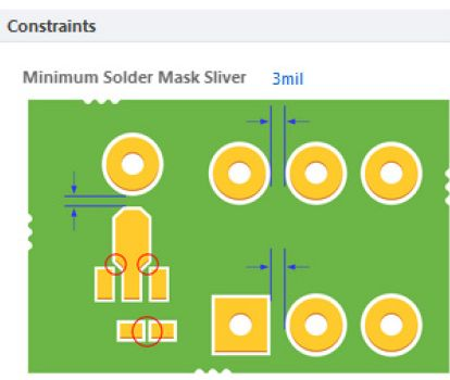 Solder mask dam size in inch