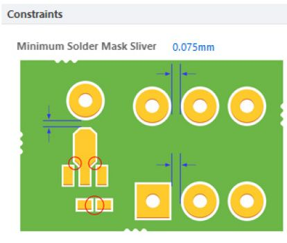 Solder mask dam size in mm